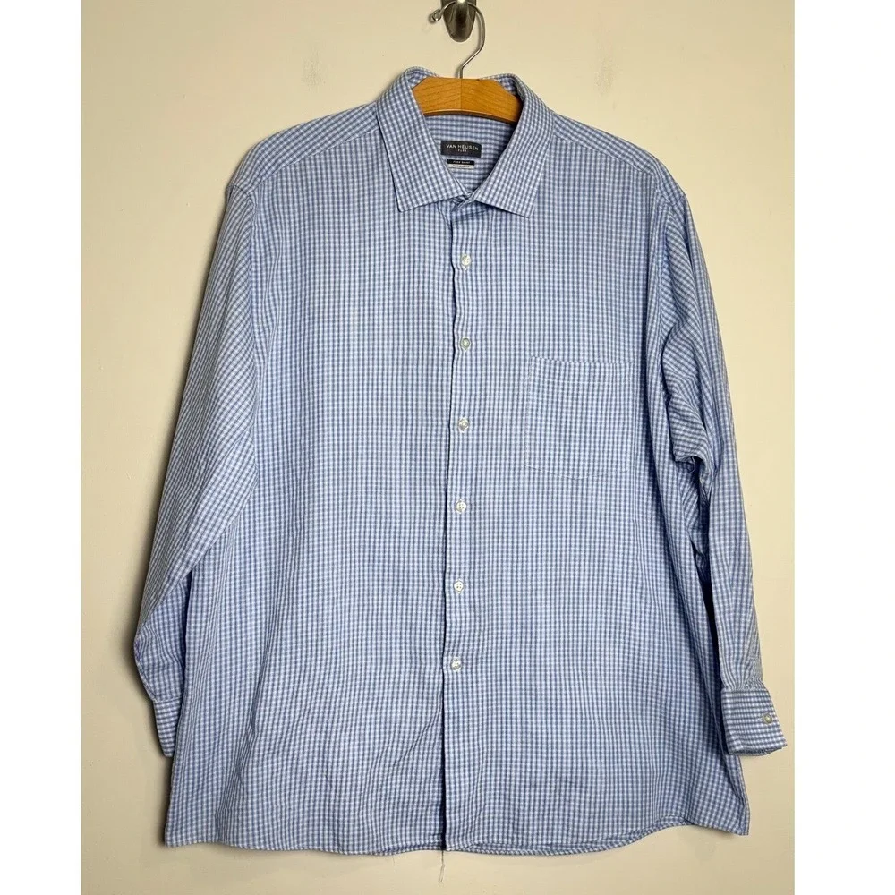 Van Heusen Mens‎ Dress Shirt 2XL Blue White Gingham Flex Regular Fit 18 32/33